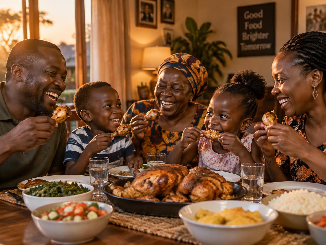 Happy family enjoying chicken together